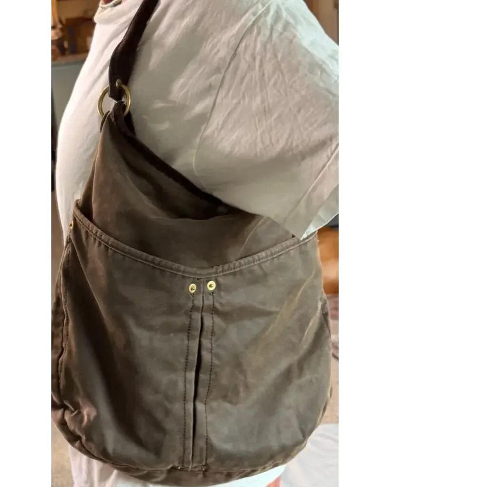 Zara Brown Canvas Leather Trim Hobo Shoulder Bag Women's Large